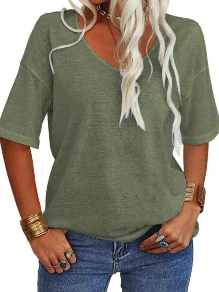Imily Bela Women's 3/4 Sleeve Shirts V Neck Loose Fitting Tops Casual Solid Color Tshirts  Basic Tunic Summer Ladies Tops - 軍綠色 - 查看 1