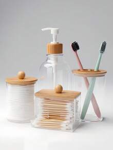 4 pièces Set de rangement transparent pour salle de bain, décoration de salle de bain d'été, rentrée scolaire. Comprend un support pour cotons-tiges, un pot pour tampons de maquillage, un gobelet pour brosse à dents et un flacon presseur. Collection pour la salle de bain, indispensable pour la maison et les voyages.