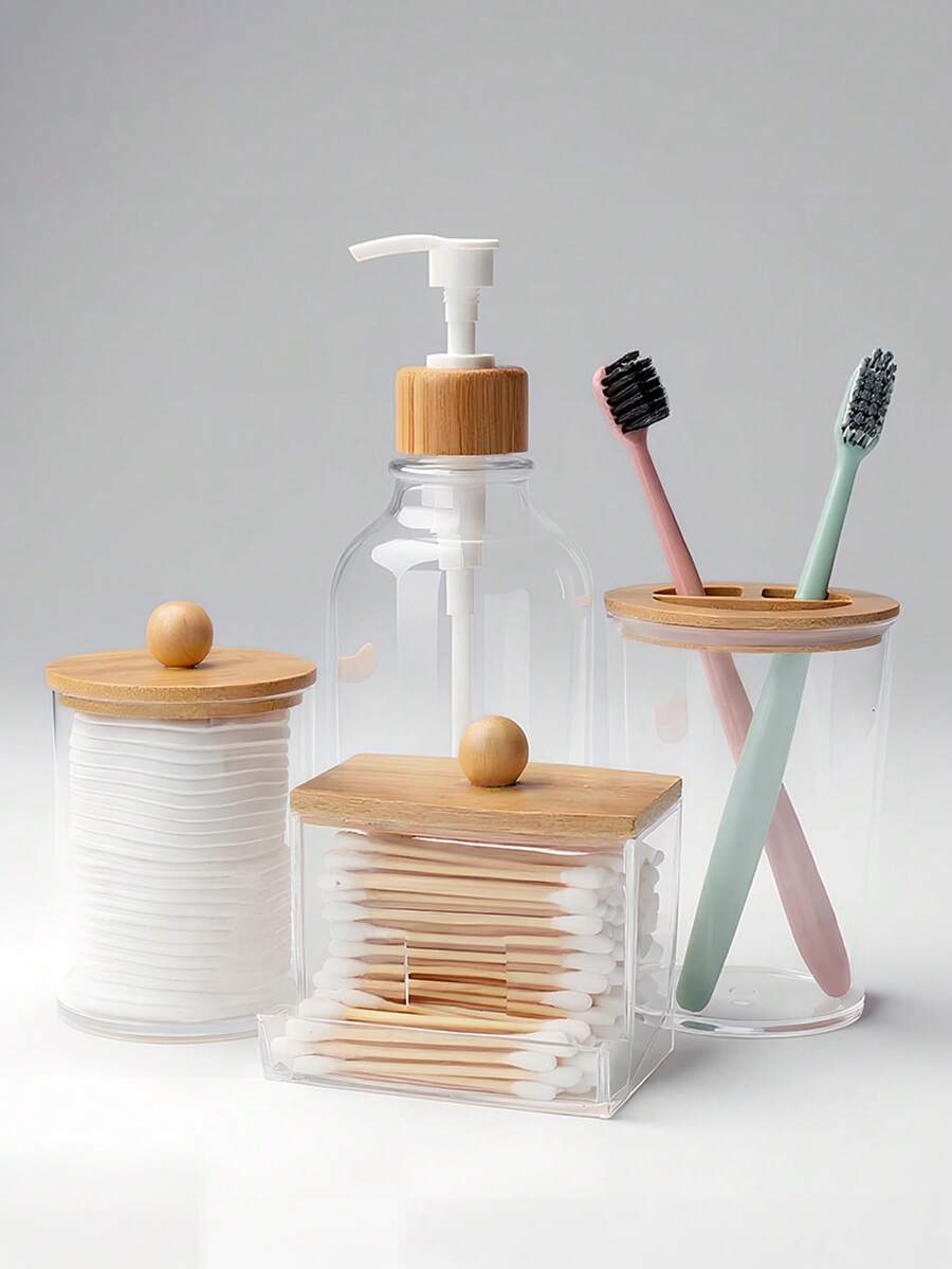 4 pièces Set de rangement transparent pour salle de bain, décoration de salle de bain d'été, rentrée scolaire. Comprend un support pour cotons-tiges, un pot pour tampons de maquillage, un gobelet pour brosse à dents et un flacon presseur. Collection pour la salle de bain, indispensable pour la maison et les voyages.