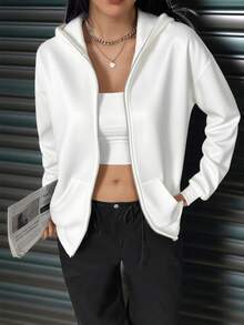 社交焦虑必备单品，含口罩，女士宽松常规款双层卫衣，拉链带口袋，秋冬服装 - 白色 - 查看 8