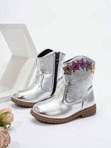 秋冬刺绣图腾靴，耐磨保暖舒适平底西式百搭婴儿靴 - 銀色 - 查看 4
