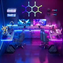 Fashion L-Shaped Gaming Desk With Movable Monitor/Laptop Stand, Modern Game Table, Black Esports Desk, Home Office Desk, Metal Frame Computer Table With Carbon Fiber Desktop, Versatile L Shaped Corner Desk With Light Strip + Headphone Hook + Cup Holder, Area Of Desk Surface: 10.59 Ft² + 1.04 Ft² - & CF Desktop + Light Strip + Cup Holder + Headphone Hook - View 3