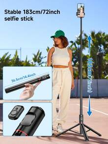 TOKQI 超长 183 厘米/72 英寸三脚架自拍杆稳定可伸缩铝合金三脚架带无线遥控器适用于全身摄影大型拍摄视频兼容各种设备型号