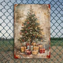 Vintage Christmas Tree Metal Tin Sign - Rustic Wall Art For Home, Bar, Cafe & Outdoor Decor - No Electricity Needed, Durable Holiday Decoration With Festive Ornaments & Gifts Design, Christmas Wall Decor, Weathered Finish, Bar Owners Home Decor Christmas Decorations Room Decor