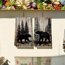 1 set/2 pièces/100 pièces Serviettes de cuisine et torchons avec motif de silhouette d'ours noir et de pins sur fond en bois, convient pour la décoration intérieure des restaurants, cuisines et salles de bains, la décoration de fête, les cadeaux de festival, en tant que cadeau