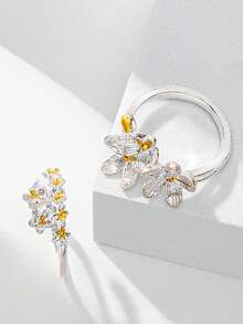 2 件套复古法式宫廷风格小巧可爱可调节 3D 鸢尾花银戒指