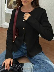 FOR BEAUTY 纯色圆领长袖开衫，女士新款休闲百搭时尚针织衫，通勤优雅修身外套，宽松简约上衣 - 黑色 - 查看 2