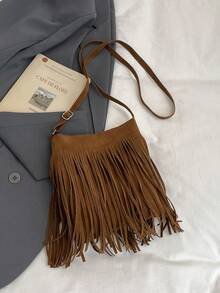 2025秋冬复古麂皮迷你流苏方包，配有可调节长肩带，这款小巧轻便的极简主义设计，是一款纯色柔软斜挎包。非常适合女性日常休闲穿着、通勤、工作、度假和学生使用。 - 棕色 - 查看 6