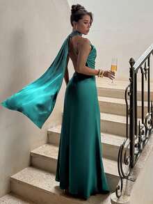 1pc Elegant Solid Color Backless Knit Fabric Dress, Suitable For Party, Wedding, Birthday, Back To School, Summer