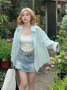 YUXIN Áo sơ mi nữ dáng rộng kẻ caro, cổ bẻ, cài nút, một túi bên hông, nhiều màu sắc để lựa chọn, phù hợp cho công sở và trang phục thường ngày, mọi mùa. - màu xanh lá - Xem 4