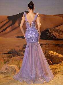Świecące suknie balowe o kroju syreny długie seksowne formalne suknie wieczorowe dla kobiet ręcznie frezowanie luksusowa suknia balowa z odkrytymi ramionami z tiulowym trenem - Fioletowy - Zobacz 2