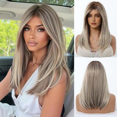 Natural Heat-Resistant Fiber Straight Wig, Gold Color, Perfect Choice For Women, Beginner-Friendly, Suitable For Daily Wear, Parties And Festivals