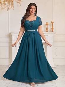 Plus Size Sweetheart Neckline Sequin Floral Lace Contrast Color Rhinestone Satin Waist Chiffon Ruffle Hem Formal Party Maxi Dress, Suitable For Wedding Guest, Prom, Birthday, Banquet, Holiday And Other Occasions Elegant Summer - Dusty Blue - View 4