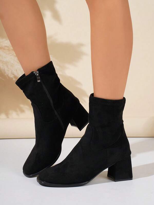 Women's Black Ankle Boots, Elegant Ladies Winter Boots, Plus Size French Style Black Chunky Heel Ankle Booties, Black Suede High Heel Short Boots, Boots With Square Toe And Side Zipper, Suitable For Date, Shopping, Commuting, Party On Valentine's Day, Halloween, Christmas, Graduation