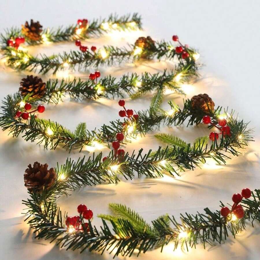 Christmas Garland Decoration Artificial Xmas Garland With Cones, Berries And Led Lights ,2.6M 8.5FTBattery Operated Pre Lit With Lights For Decorations Door Stairs Fireplaces Christmas Wreath ,Table Centrepiece