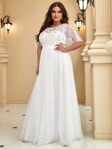 EVERPRETTY 优雅撞色网纱白色单件派对正式礼服 春季花卉亮片高腰婚纱 新娘订婚礼服 新娘送礼会礼服 - 白色 - 查看 3