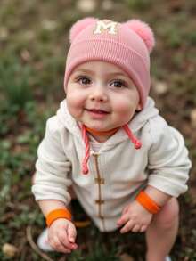 1pc Baby Letter Knit Hat, Soft, Warm And Comfortable, Suitable For Boys And Girls Outdoor Wear In Autumn And Winter - Pink - View 4