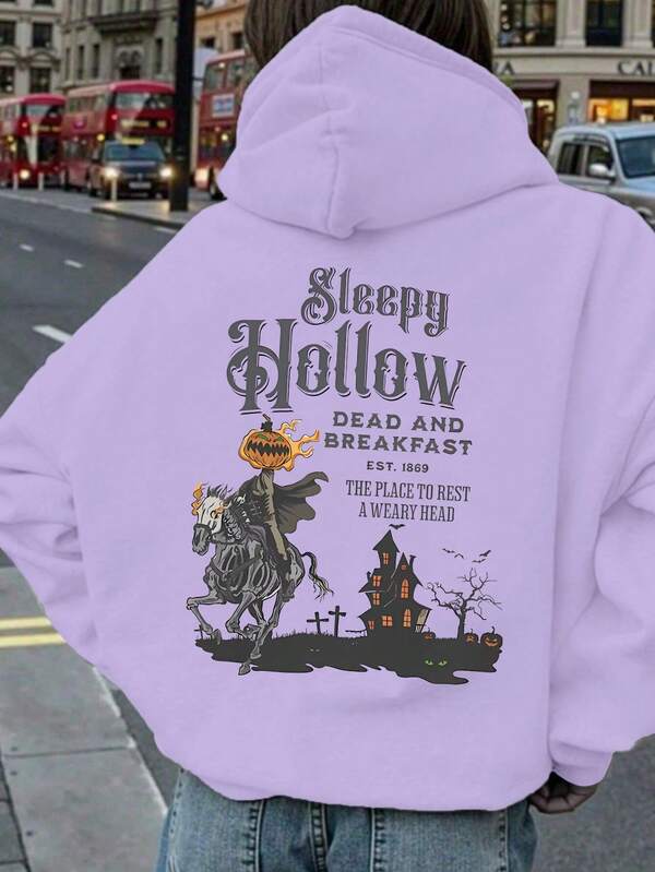 Moletom feminino plus size casual simples com estampa de caveira de abóbora e cavalo, com cordão elástico, versátil, moletom esportivo com capuz, moletom feminino esportivo com estampa de outono e inverno