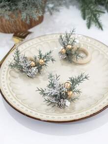 3Pcs Christmas Napkin Rings ,Realistic Pine Needles, Red Berries And Pinecone Accents, Elegant Xmas Table Setting Accessories, Decoration For Christmas Party,Dinner - Multicolor - View 17