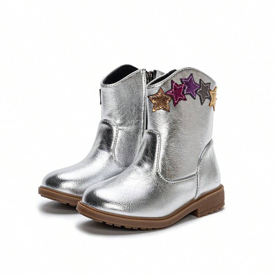 秋冬刺绣图腾靴，耐磨保暖舒适平底西式百搭婴儿靴 - 銀色 - 查看 1