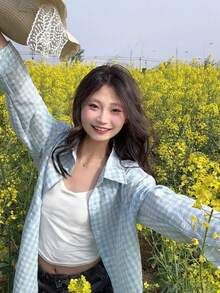 YUXIN Áo sơ mi nữ dáng rộng kẻ caro, cổ bẻ, cài nút, một túi bên hông, nhiều màu sắc để lựa chọn, phù hợp cho công sở và trang phục thường ngày, mọi mùa. - màu xanh lá - Xem 8