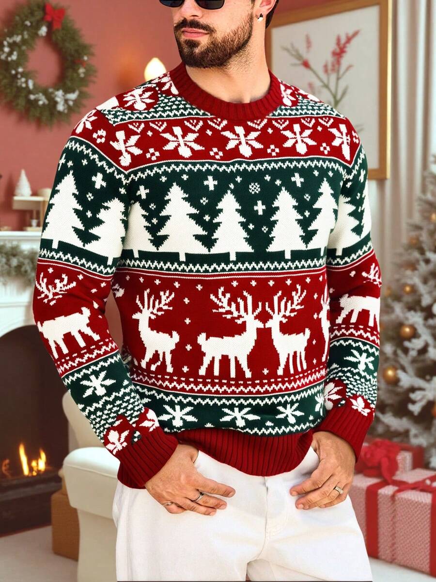 Christmas New Men's Sweater, Autumn/Winter Round Neck Knitted Sweater, Essential For Christmas - Red - View 1