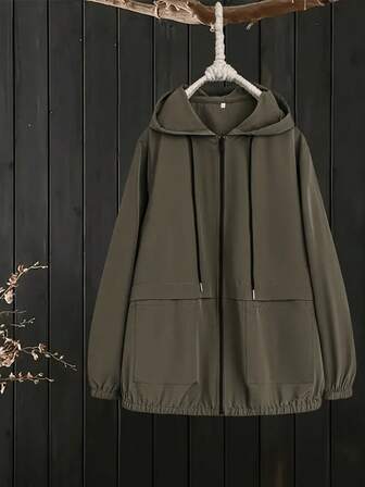 Plusstorlek damjacka med dragkedja och dragsko, enfärgad casual jacka