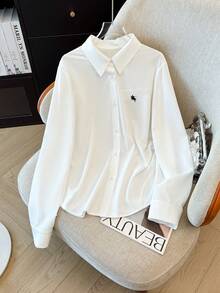 Plus Size Women's Fashion Commuter Pure White Collar Long Sleeve Asymmetrical Hem Pleated Tie Embroidered Horse Pattern Blouse, Office Wear, Autumn/Winter - White - View 4