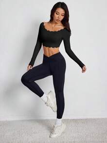 ATTRACO 女士健身上衣，圆领喇叭长袖修身秋冬运动背心，带可拆卸胸垫，瑜伽健身服 - 黑色 - 查看 5