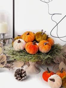 8pcs Mini Velvet Artificial Pumpkin Decor, Foam Core, Thick Velvet Fabric Exterior, Suitable For Autumn Atmosphere Decoration, Thanksgiving Harvest Backdrop, Birthday Party Tabletop Decor, Dining Table Centerpiece, Autumn Home Decor, Halloween Party - Multicolor-a - View 8