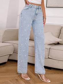 Heavy-Duty Rhinestone Embellished Women's Jeans - Light Wash - View 4