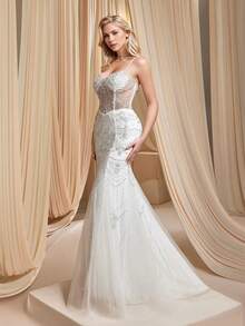 Mermaid Style Spaghetti Straps Sexy Evening Dress Sweetheart See Through Beaded Modern Wedding Dress - trắng - Xem 4