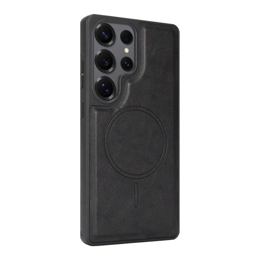 Retro High-End Protective Case With Side Leather Attachment & Inner Flocking + Magnetic Card Holder Set, Premium PU + TPU Material, Shockproof, Rear Card Storage, Magnetic Compatible For Galaxy S24 Ultra , Galaxy S25 Ultra - 灰色 - 查看 1