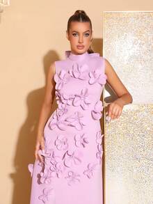 Modphy 全新优雅 3D 花卉装饰紧身高领无袖连衣裙，配蝴蝶结缎带，适合婚礼嘉宾、伴娘、正式派对、鸡尾酒会 - 紫色 - 查看 7