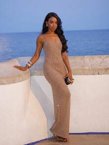 Yess Loren Sequin Knit Strappy Fitted Maxi Dress Ibiza Outfit, Holiday, Spring, Summer, Vacation, Beach Wedding Guest Fall Wedding Guest, Elegant, Birthday, Night Out