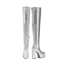 Women's Super High Heel Thick Sole Thick Heel Boots, Elegant Square Toe Sock Boots With Side Zipper For Autumn & Winter Party Daily Wearing - 銀色 - 查看 8