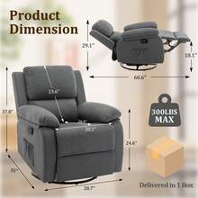 KORSER Recliner Chair, 360 Swivel Rocker Chair For Adults, Small Rocking Recliner Chair For Small Spaces, Upholstered Fabric Glider Recliner Nursery Chair With Side Pockets For Living Room, Nursery,Multiple Colors - 灰色 - 查看 3