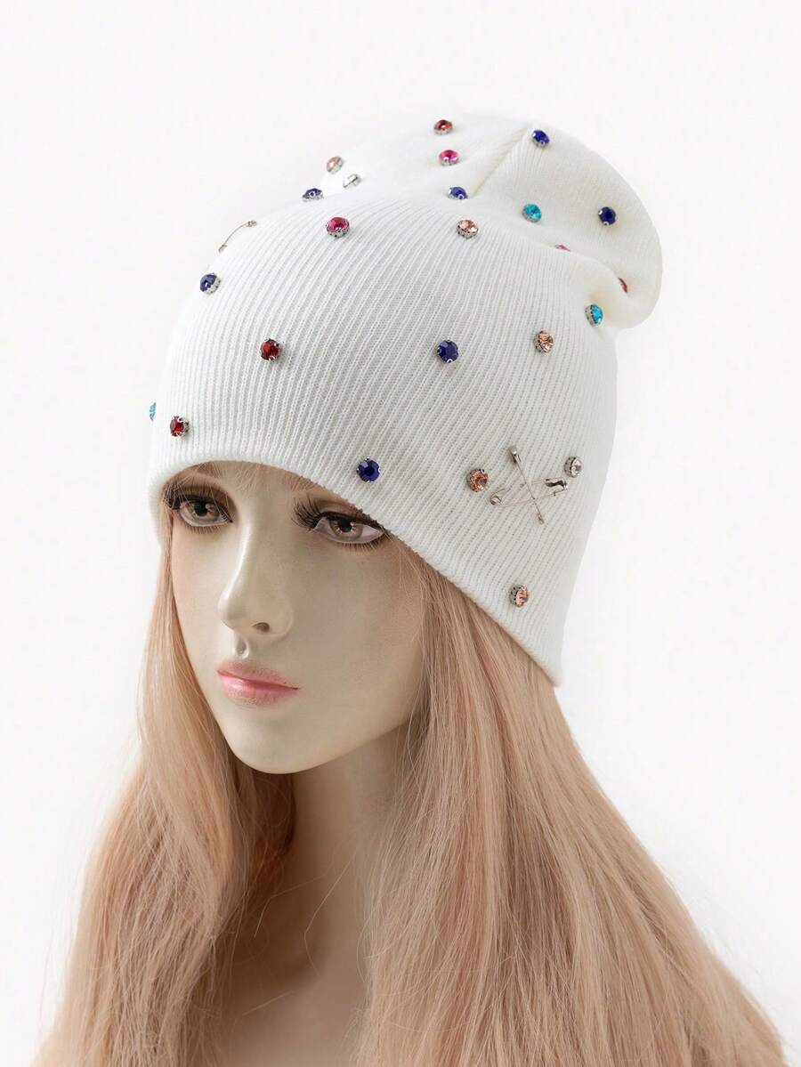 1pc Women's Fashion Punk Style Knit Beanie Hat With Colorful Rhinestone Brooch Pin, Warm Accessory For Autumn/Winter - A - View 1