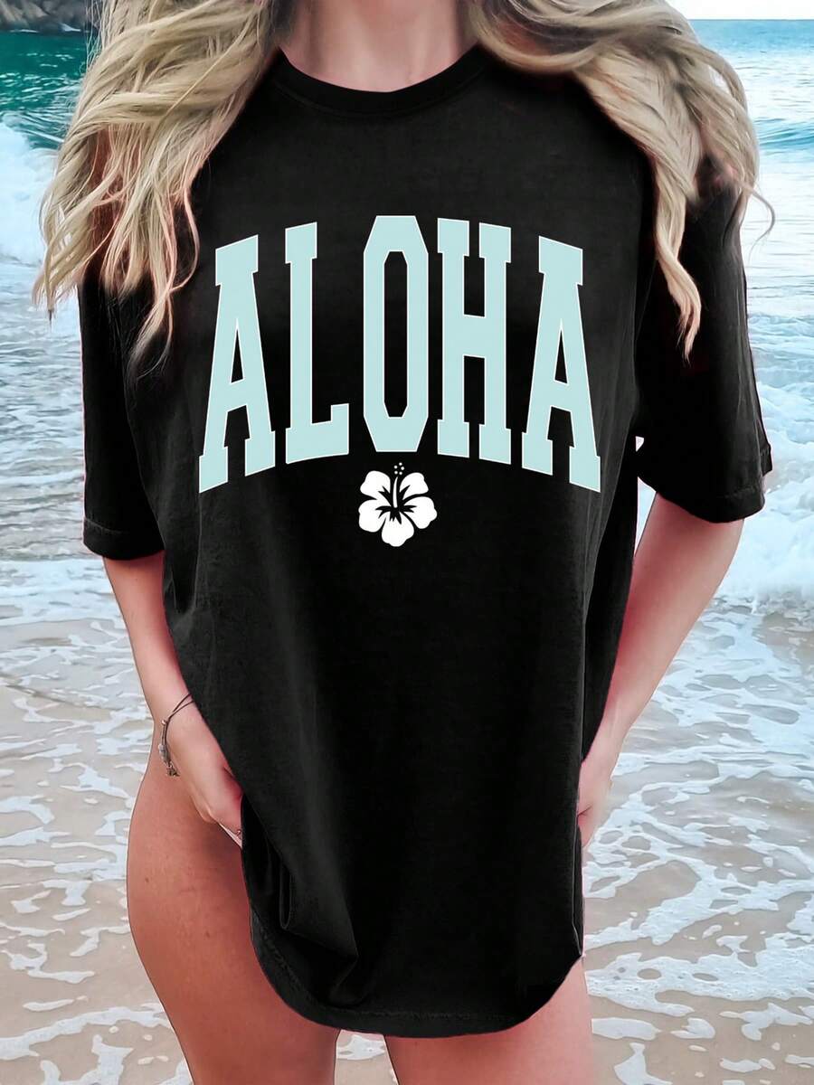 Camiseta Con Estampado De Letras, Manga Corta Y Cuello Redondo Para Verano Y Primavera, Ropa De Mujer - Oscuro - Ver 1