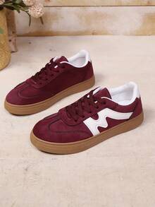 New Casual Sports Shoes, Brown Fashion Versatile Trainers, Faux Suede Lace-Up Women Sneakers, Student Shoes - Red Violet - View 6