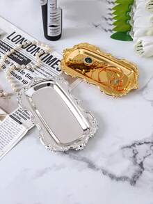 1pc Stainless Steel Tray, Embossed Dessert Plate, Mirror Jewelry Storage Plate, European Rectangular Dried Fruit And Snack Tray, Romantic Candlelight Dinner Prop, Afternoon Tea Cake Plate - MultiWarna - View 6
