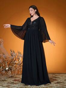 Mgiacy,V Neck,Sequin Embroidery,High-End,Plus Size Ball Dress,Flounce Sleeve,Chiffon,Long Dress,Parties And Weddings,Black,Elegant Dresses For Women - Black - View 4