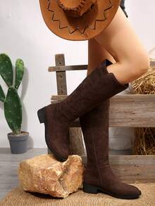 FVPFVP 2025 2024 秋冬新款百搭及膝靴女款粗跟弹力修身高筒马靴平底西部靴 - 咖啡棕 - 查看 5