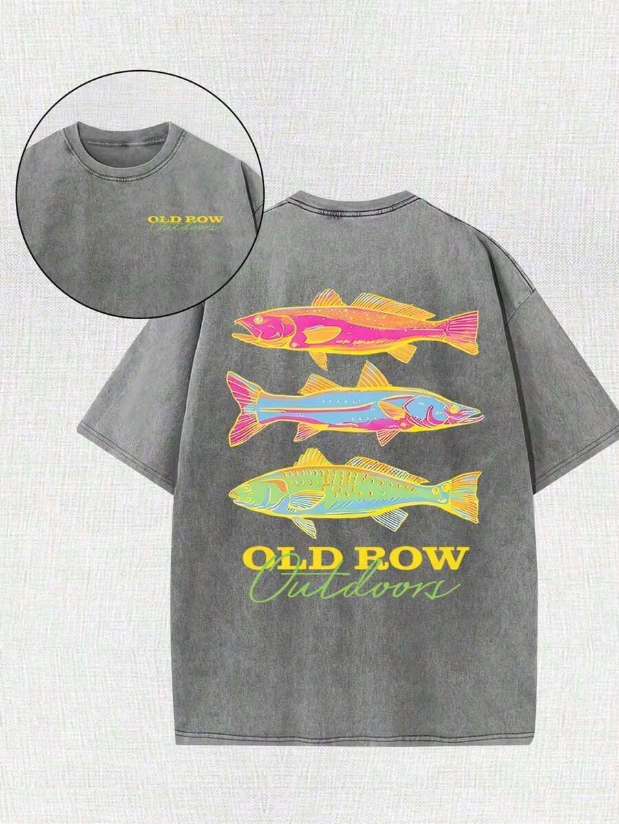 Men's Casual Summer Washed Cotton T-Shirt [Old Row Outdoor] Fish Print, Round Neck, Short Sleeves, Lightweight Cotton Knitted Fabric, Casual Summer Round Neck Shirt |   Rib Details.-Unisex Women & Men's Tees - Xám - Xem 1