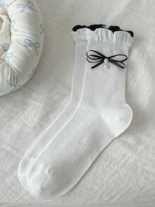 1双夏季薄款甜美珍珠纯色蝴蝶结袖口女士袜子 - 彩色 - 查看 12