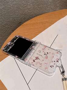 时尚全屏玫瑰花手机壳,带可调节斜挎颈绳,兼容三星 Galaxy Z Flip7 Flip6 Z Flip 5 4 3 粉色花卉折叠保护后盖 - 白碎花 - 查看 8