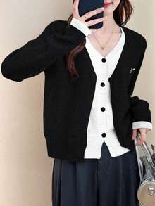 女士秋冬极简V领二合一毛衣开衫 黑色 - 黑色 - 查看 5