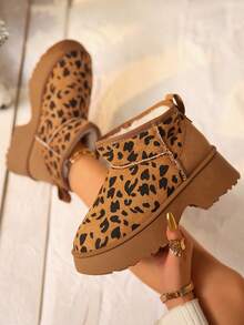 Bottes de neige à semelle épaisse imprimé léopard pour femmes, doublure en fourrure, chaussures d'hiver rembourrées chaudes, bottes pour étudiantes