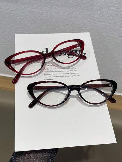 2 Pairs/Set Women's Multi-Color Cat Eye PC Frame Solid Color Full Frame Rivet Fashion Non-Prescription Glasses