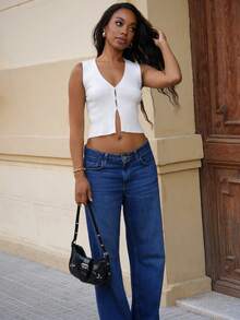 Yess Loren Women's Summer Casual Solid Color Sleeveless Knit Top Simple Tank Top Open Placket Vest With Slit At Hem White Tank Top Summer V Neck Beige Vest Vacation Cardigan Holiday Tops V Neck Asymmetric Hem